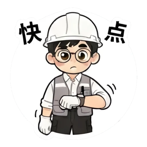 Worker checking watch impatiently with 'Hurry up' text Hard Hat Hero sticker for expressive chats and social replies.