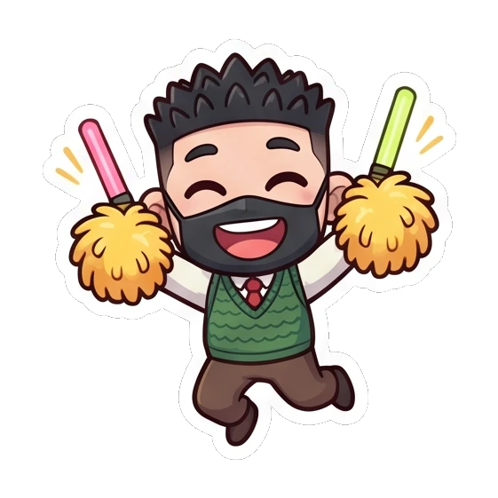 Excited boy cheering with pom-poms Cheerful Masked Student sticker for expressive chats and social replies.