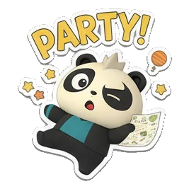 Panda dancing at a party with 'PARTY!' text. Cosmic Panda Adventures sticker for expressive chats and social replies.