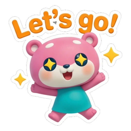 Pink bear looking excited with star eyes with text Let's go! Pinky Bear Daily Vibes sticker for expressive chats and social replies.