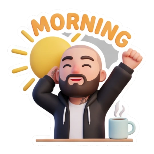 Bearded man stretching in the morning with coffee, text MORNING Bearded Guy Daily Vibes sticker for expressive chats and social replies.