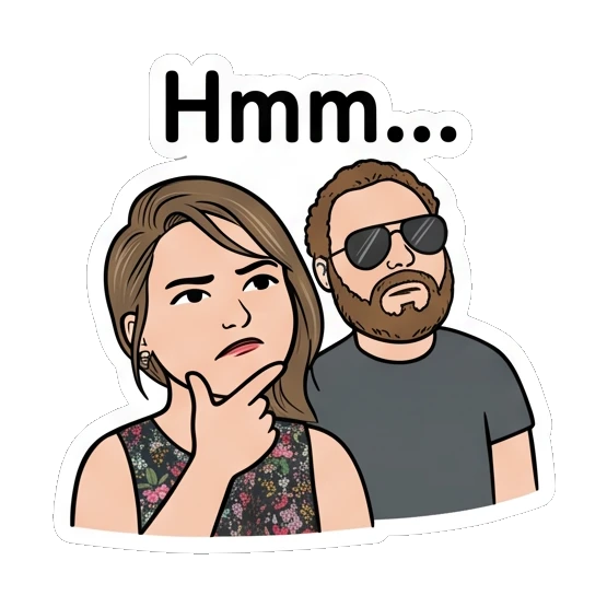 Woman thinking with hand on chin with text Hmm... Couple Vibes Daily sticker for expressive chats and social replies.