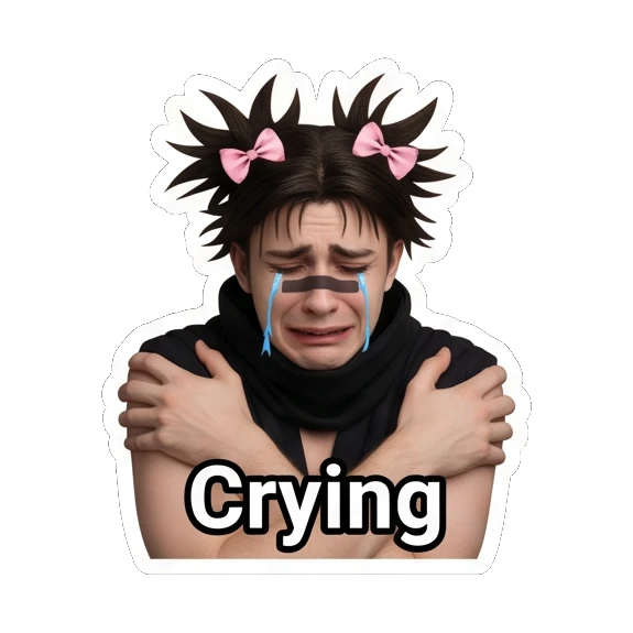 Sad young man hugging himself and crying with text Crying Spiky Hair Boy Reactions sticker for expressive chats and social replies.
