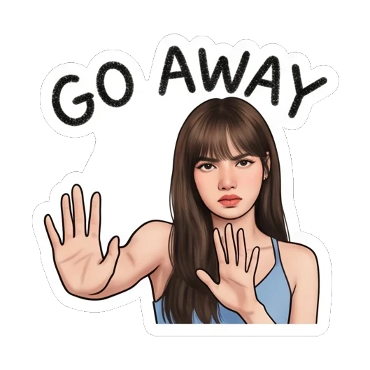 Young woman holding up hands to stop with a serious look and GO AWAY text. Lisa Daily Vibes sticker for expressive chats and social replies.