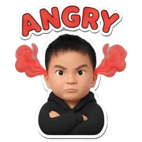Little boy looking angry with red steam clouds and ANGRY text. Little Boy Daily Expressions sticker for expressive chats and social replies.