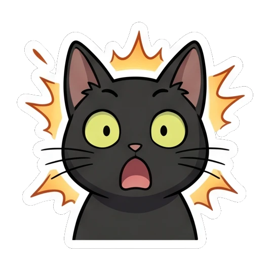 Black cat looking shocked with wide eyes and a surprised mouth. Little Black Cat Expressions sticker for expressive chats and social replies.