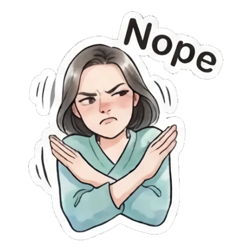 Woman crossing arms in refusal and text Nope Modern Gentle Lady Expressions sticker for expressive chats and social replies.