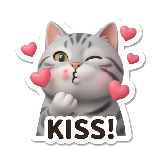 Gray tabby cat blowing a kiss with floating hearts with KISS text Cheerful Gray Tabby Cat sticker for expressive chats and social replies.