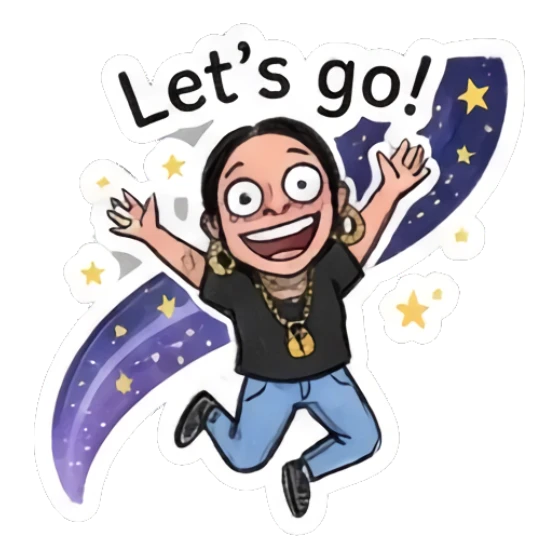 Girl jumping with excitement, energetic expression, starry trail background. Doodle Girl Vibes sticker for expressive chats and social replies.
