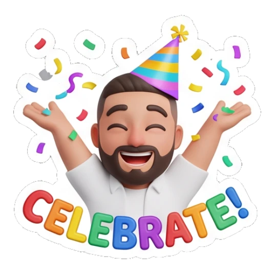 Excited bearded man wearing a party hat with confetti, CELEBRATE Bearded Buddy Daily Vibes sticker for expressive chats and social replies.