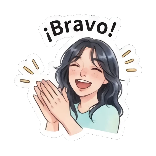 Girl clapping hands with a happy smile, text 'Bravo' Modern Spanish Girl Expressions sticker for expressive chats and social replies.