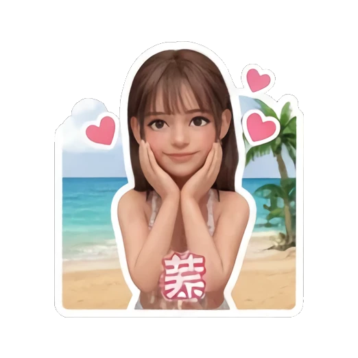 Girl touching cheeks with shy expression and heart icons Summer Beach Girl Vibes sticker for expressive chats and social replies.