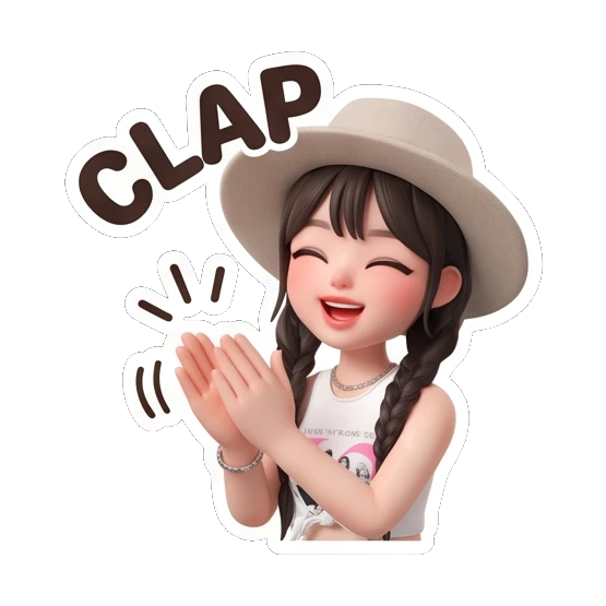 Girl in hat clapping hands happily with text CLAP Chic Hat Girl Expressions sticker for expressive chats and social replies.