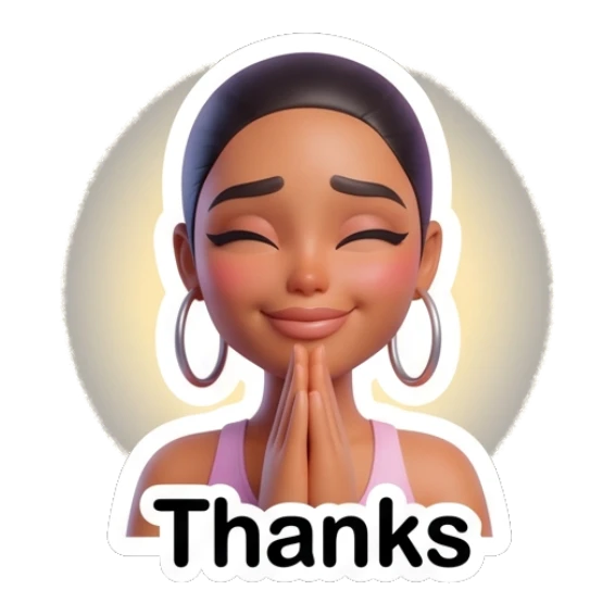 Grateful girl with hands pressed together in prayer, text says Thanks. Modern Chic Girl Expressions sticker for expressive chats and social replies.
