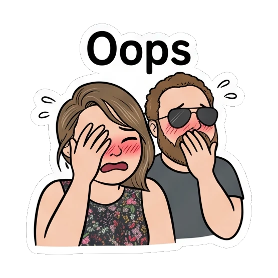 Woman covering face in embarrassment with text Oops Couple Vibes Daily sticker for expressive chats and social replies.