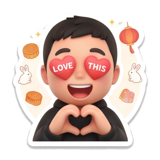 Boy with heart eyes making heart shape with text LOVE THIS Mid-Autumn Boy Expressions sticker for expressive chats and social replies.