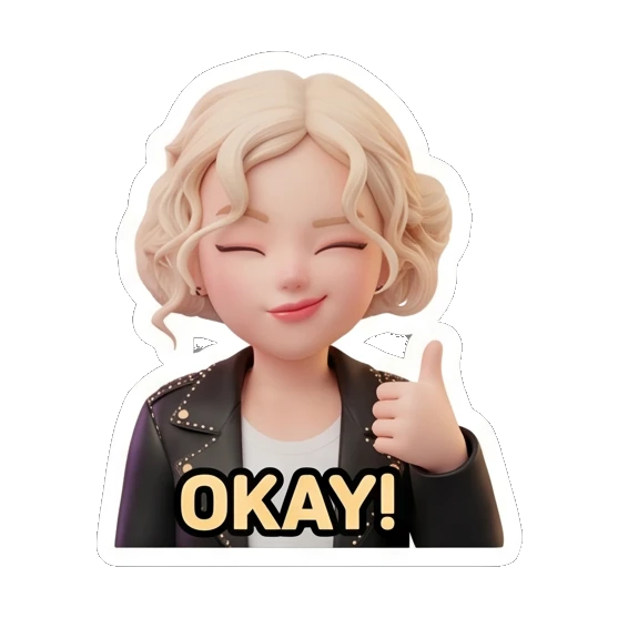 金发女孩单手点赞，表情自信，文字OKAY! Blonde Rocker Girl Daily sticker for expressive chats and social replies.