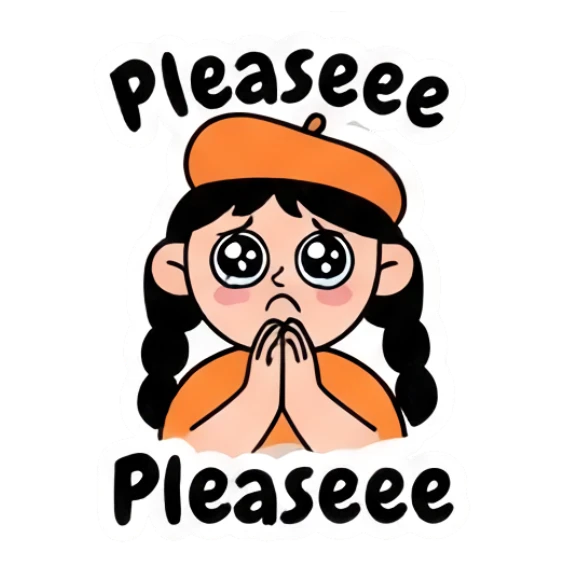 Girl with pleading eyes and hands together, Pleaseee text Beret Girl Daily Vibes sticker for expressive chats and social replies.