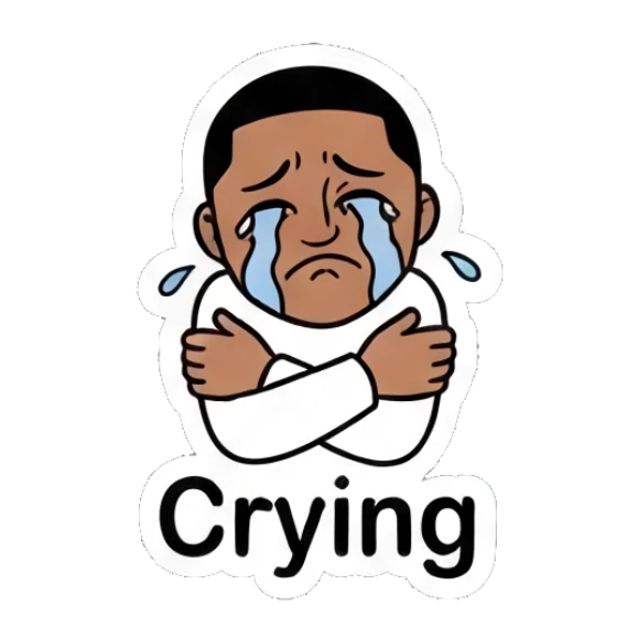 Bearded man crying with blue tears and crossed arms. Cool Guy Daily Vibes sticker for expressive chats and social replies.