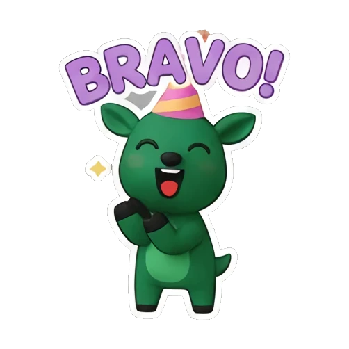 Green deer wearing party hat clapping with BRAVO text Green Deer Joyful Adventures sticker for expressive chats and social replies.