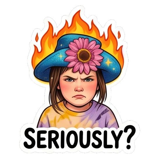 Angry girl with a fire aura around her head with text SERIOUSLY Sunflower Girl Daily Vibes sticker for expressive chats and social replies.