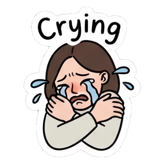 Girl with glasses crying with arms crossed, sad expression. Daily Life of a Girl sticker for expressive chats and social replies.