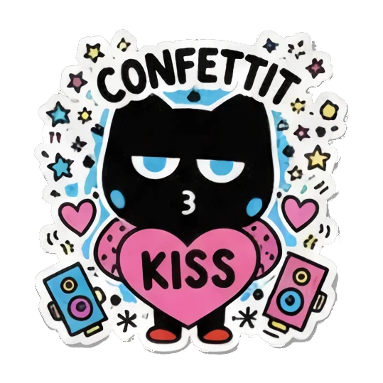 Black cat blowing a heart kiss with CONFETTI text. Keith Haring Style Black Cat sticker for expressive chats and social replies.