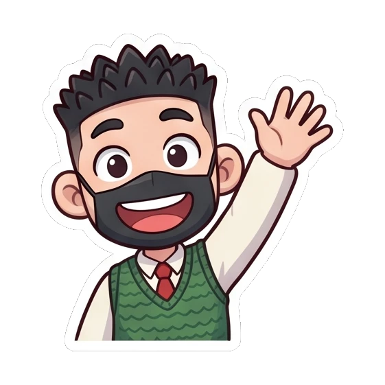 Young student waving hello with a friendly smile Cheerful Masked Student sticker for expressive chats and social replies.