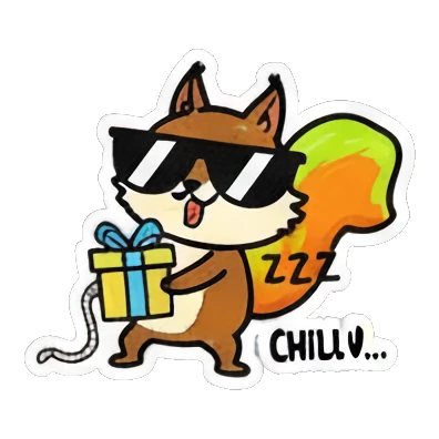 Cool squirrel with sunglasses, gift, and 'CHILLY...' text. Cute Squirrel Daily Fun sticker for expressive chats and social replies.