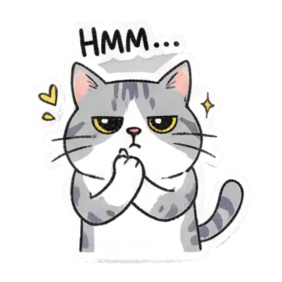 Thinking gray cat tapping chin with text Hmm... Playful Gray Tabby Diary sticker for expressive chats and social replies.