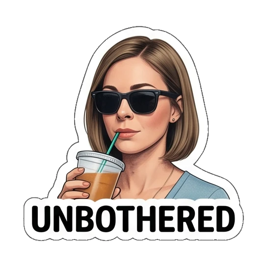 Woman wearing sunglasses drinking coffee with 'UNBOTHERED' text Everyday Office Lady sticker for expressive chats and social replies.