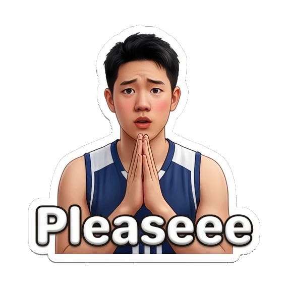 Player praying with hands together, text Pleaseee Volleyball Boy Daily Life sticker for expressive chats and social replies.
