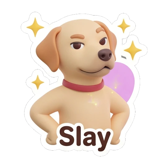 Labrador posing confidently with hands on hips, text Slay Cheerful Labrador Daily sticker for expressive chats and social replies.