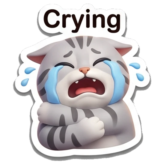 Sad crying gray tabby cat with blue tears and text 'Crying' Cheerful Gray Tabby Cat sticker for expressive chats and social replies.