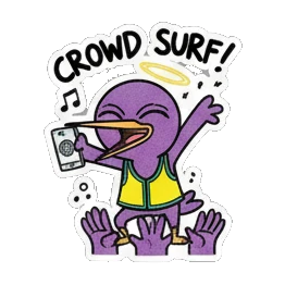 Purple bird crowd surfing with phone, text CROWD SURF Purple Bird Music Festival sticker for expressive chats and social replies.