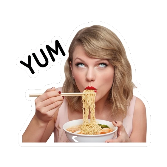 Taylor Swift eating noodles with chopsticks, text YUM Taylor Swift Iconic Expressions sticker for expressive chats and social replies.