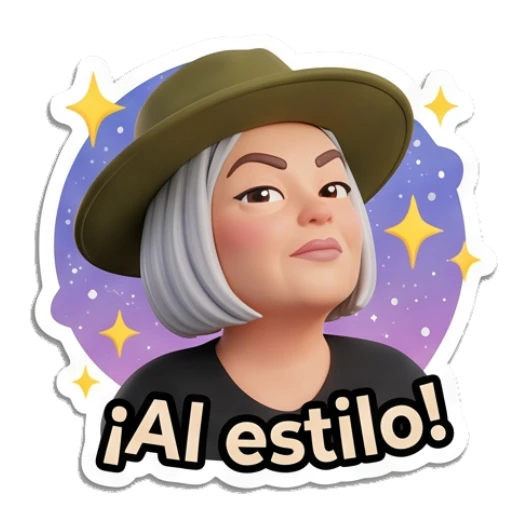 Explorer lady posing stylishly with stars with text Al estilo Adventurous Explorer Lady sticker for expressive chats and social replies.
