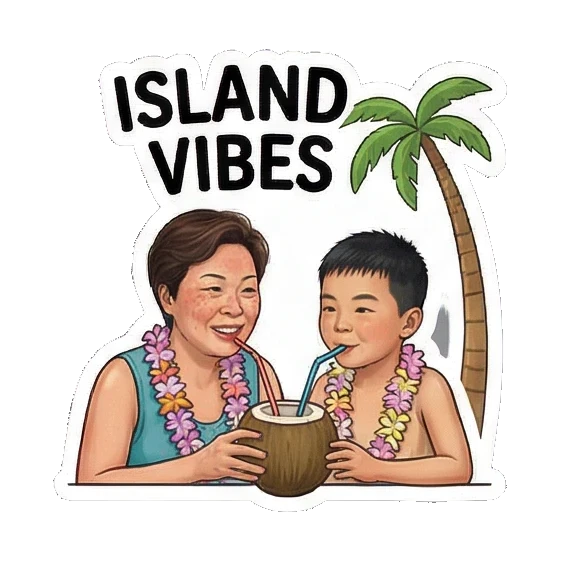 母子在岛上喝椰汁 Mom & Son's Summer Fun sticker for expressive chats and social replies.