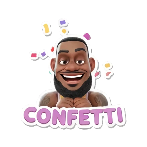 LeBron James smiling amidst confetti with 'CONFETTI' text LeBron Basketball Star Expressions sticker for expressive chats and social replies.