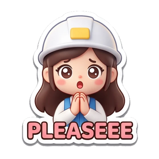 Construction girl looking pleadingly with hands together saying PLEASEEE Yewab Construction Crew sticker for expressive chats and social replies.