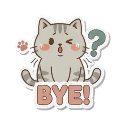 Confused cat waving with BYE Cozy Tabby Daily sticker for expressive chats and social replies.