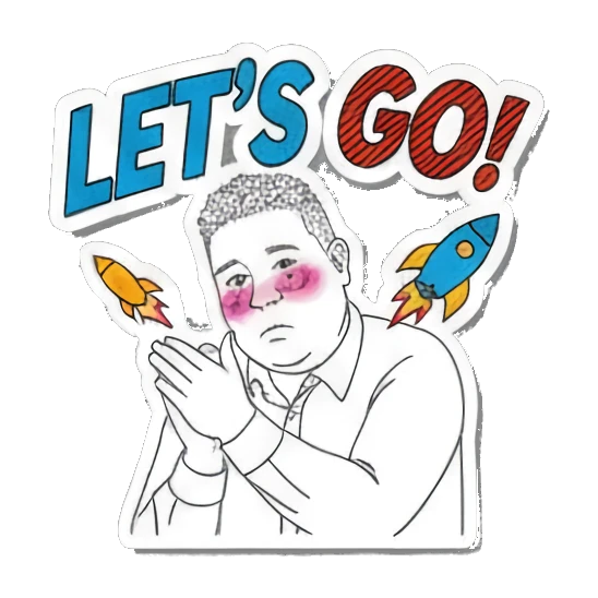 Man looking excited with rockets and Let's Go text Office Guy Daily Vibes sticker for expressive chats and social replies.