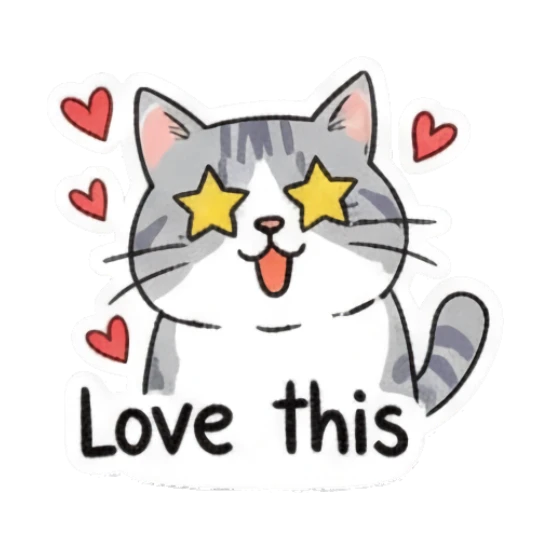 Excited gray cat with star eyes and text Love this Playful Gray Tabby Diary sticker for expressive chats and social replies.