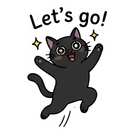 Excited black cat jumping in the air saying Let's go! Playful Black Cat Moods sticker for expressive chats and social replies.