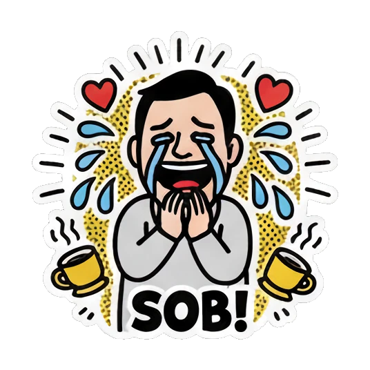 Man crying with tears, sad, text SOB! Cheerful Office Guy sticker for expressive chats and social replies.
