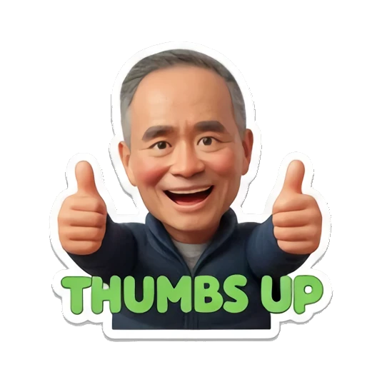 Man giving double thumbs up with a big smile saying 'THUMBS UP' Cheerful Middle-Aged Gentleman sticker for expressive chats and social replies.