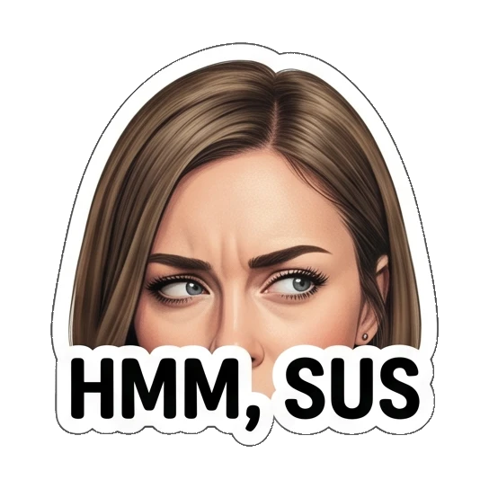 Woman looking suspicious with 'HMM, SUS' text Everyday Office Lady sticker for expressive chats and social replies.