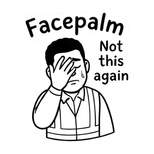 Man covering face in frustration with text Not this again Working Guy Daily Vibes sticker for expressive chats and social replies.