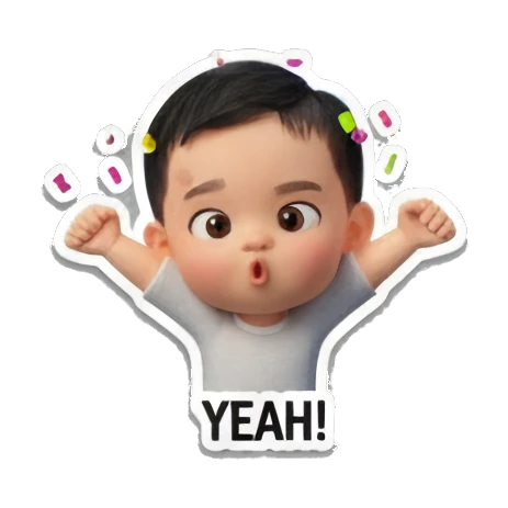 Cheering baby with confetti 'YEAH!' Baby's Daily Moods sticker for expressive chats and social replies.