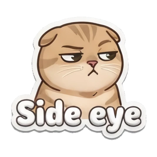 Skeptical tabby cat giving a side-eye look with 'Side eye' text Puffy Tabby Cat Moods sticker for expressive chats and social replies.